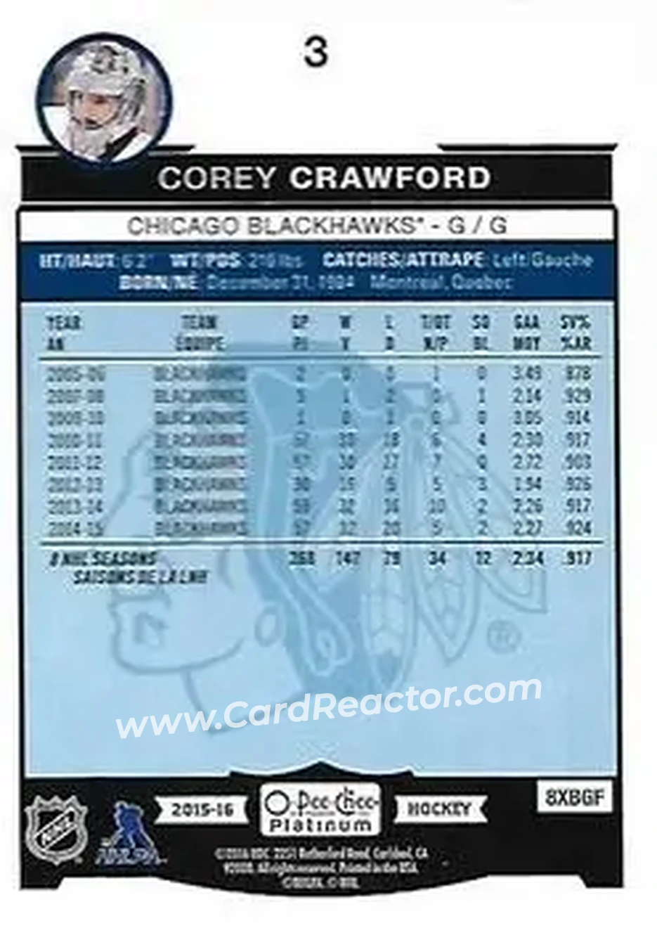 2015-16 O-Pee-Chee Platinum #3 - Corey Crawford - Chicago Blackhawks - Back