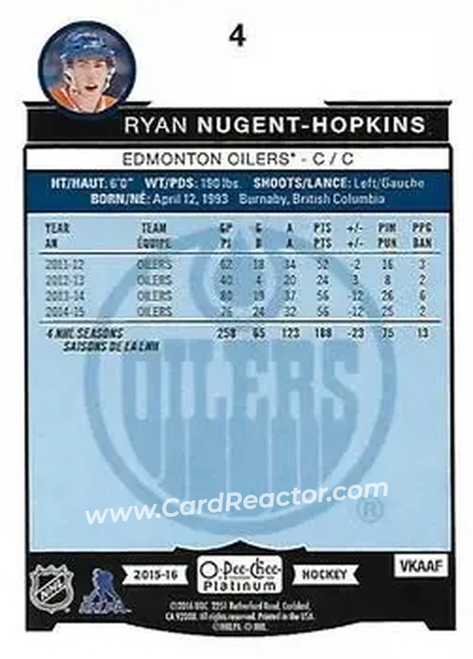 2015-16 O-Pee-Chee Platinum #4 - Ryan Nugent-Hopkins - Edmonton Oilers - Back