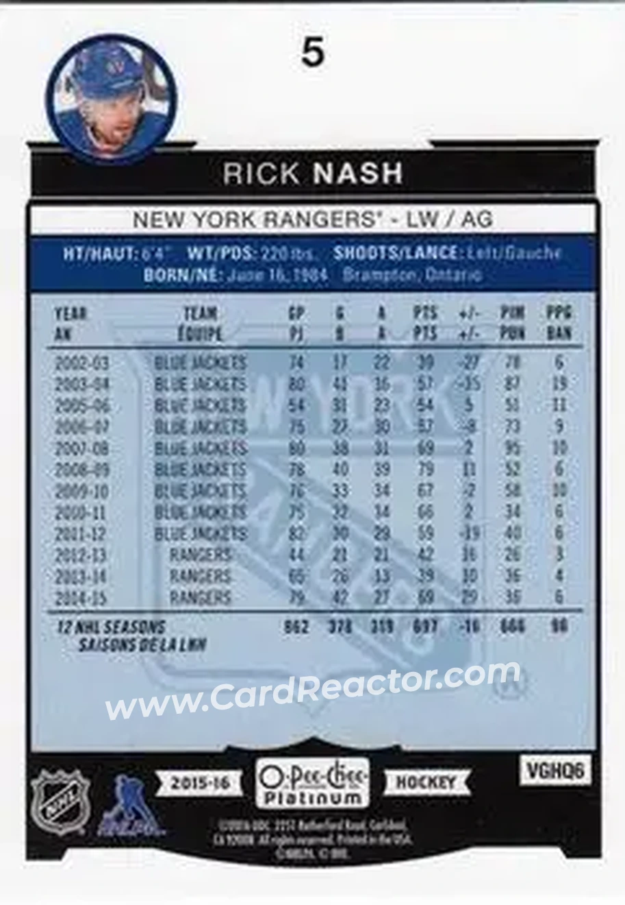 2015-16 O-Pee-Chee Platinum #5 - Rick Nash - New York Rangers - Back