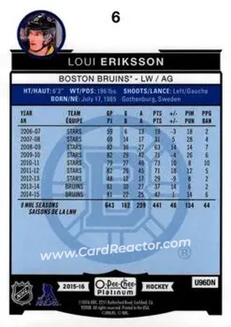 2015-16 O-Pee-Chee Platinum #6 - Loui Eriksson - Boston Bruins - Back