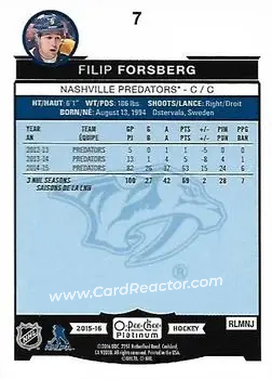 2015-16 O-Pee-Chee Platinum #7 - Filip Forsberg - Nashville Predators - Back
