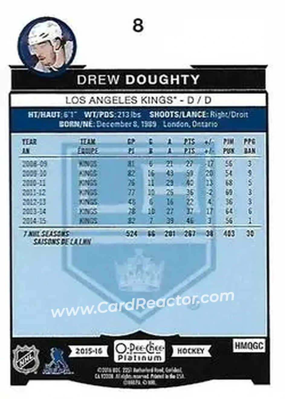2015-16 O-Pee-Chee Platinum #8 - Drew Doughty - Los Angeles Kings - Back
