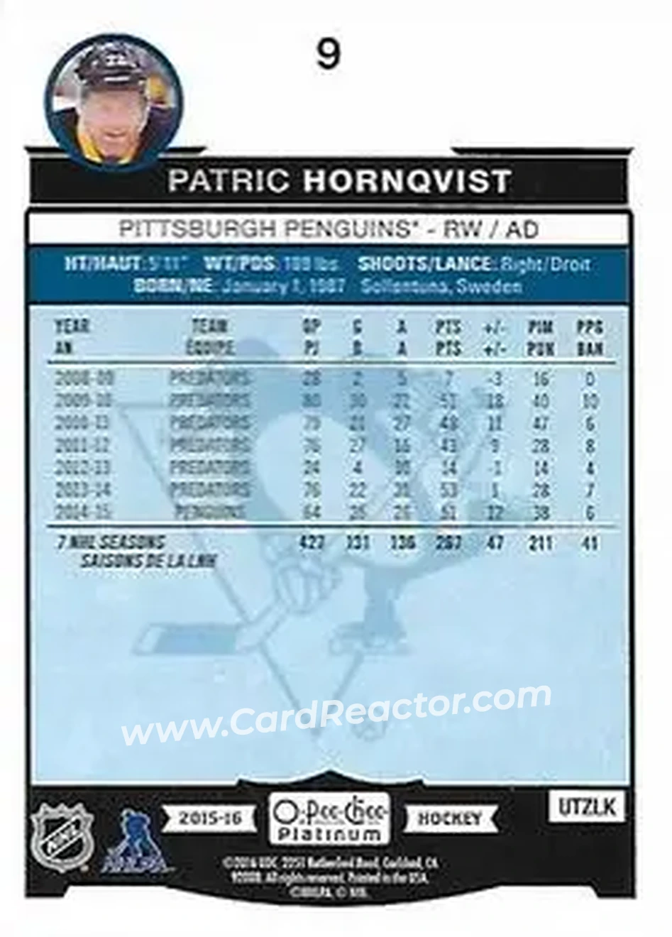 2015-16 O-Pee-Chee Platinum #9 - Patric Hornqvist - Pittsburgh Penguins - Back