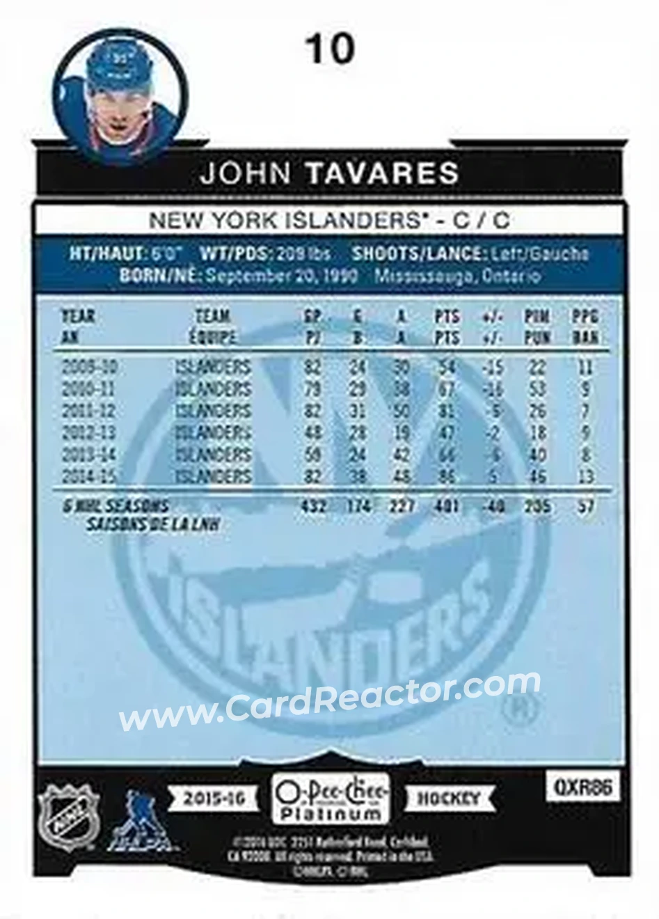 2015-16 O-Pee-Chee Platinum #10 - John Tavares - New York Islanders - Back