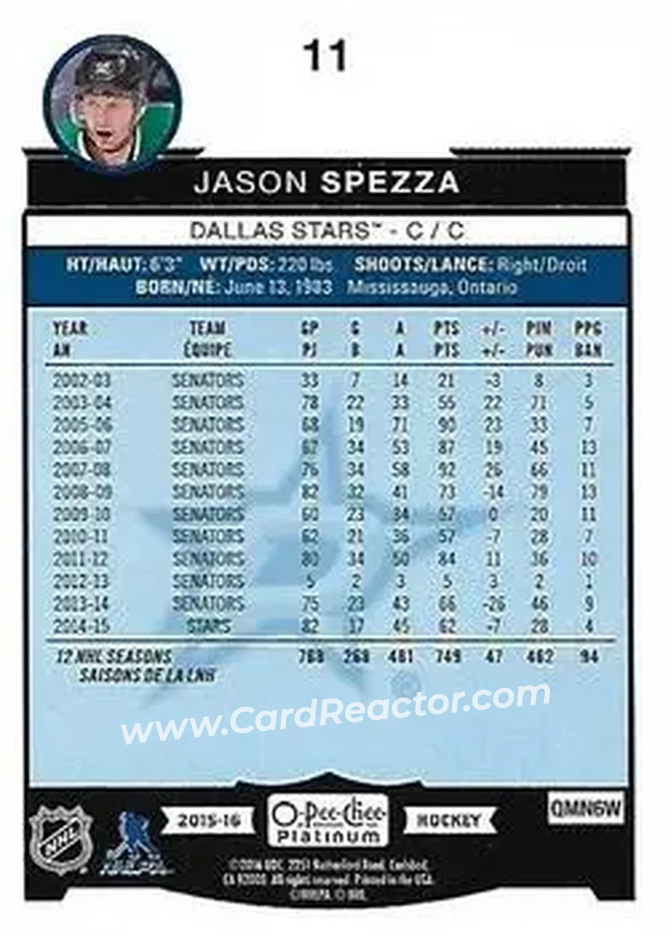2015-16 O-Pee-Chee Platinum #11 - Jason Spezza - Dallas Stars - Back