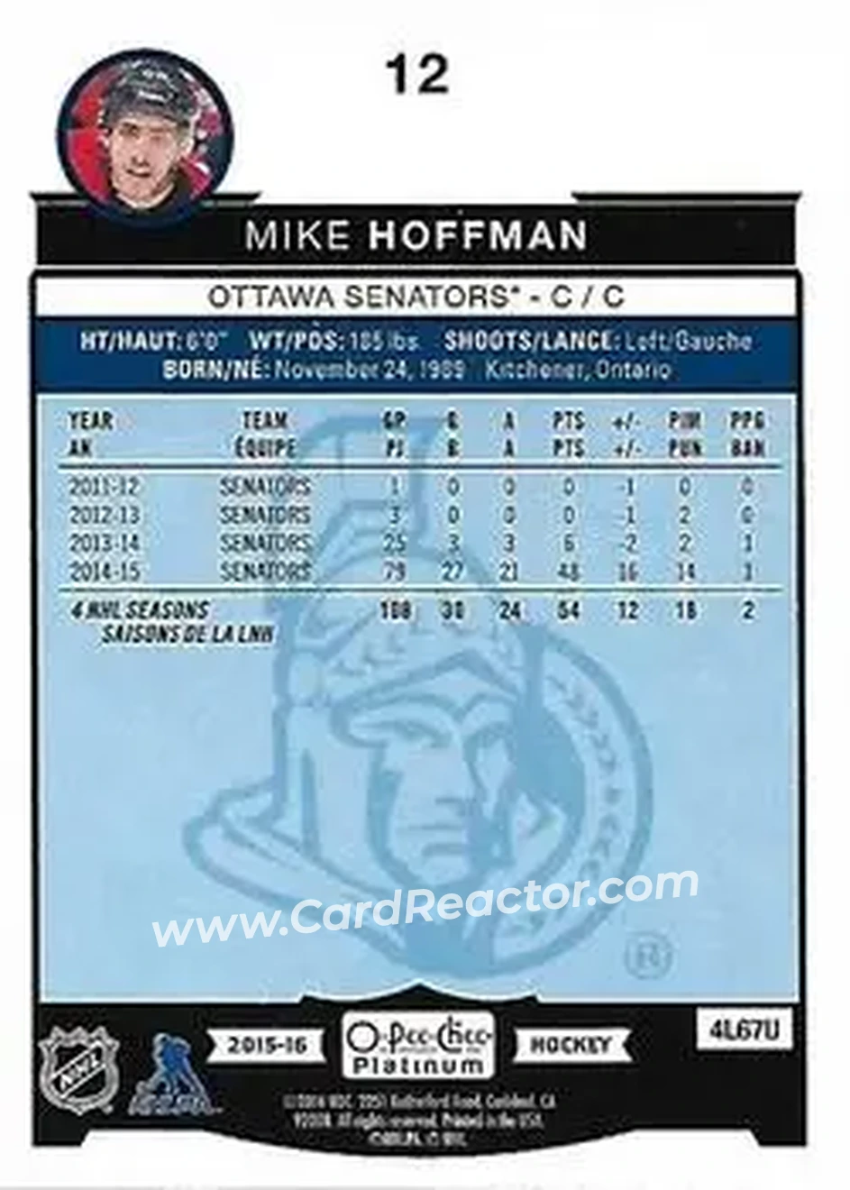 2015-16 O-Pee-Chee Platinum #12 - Mike Hoffman - Ottawa Senators - Back