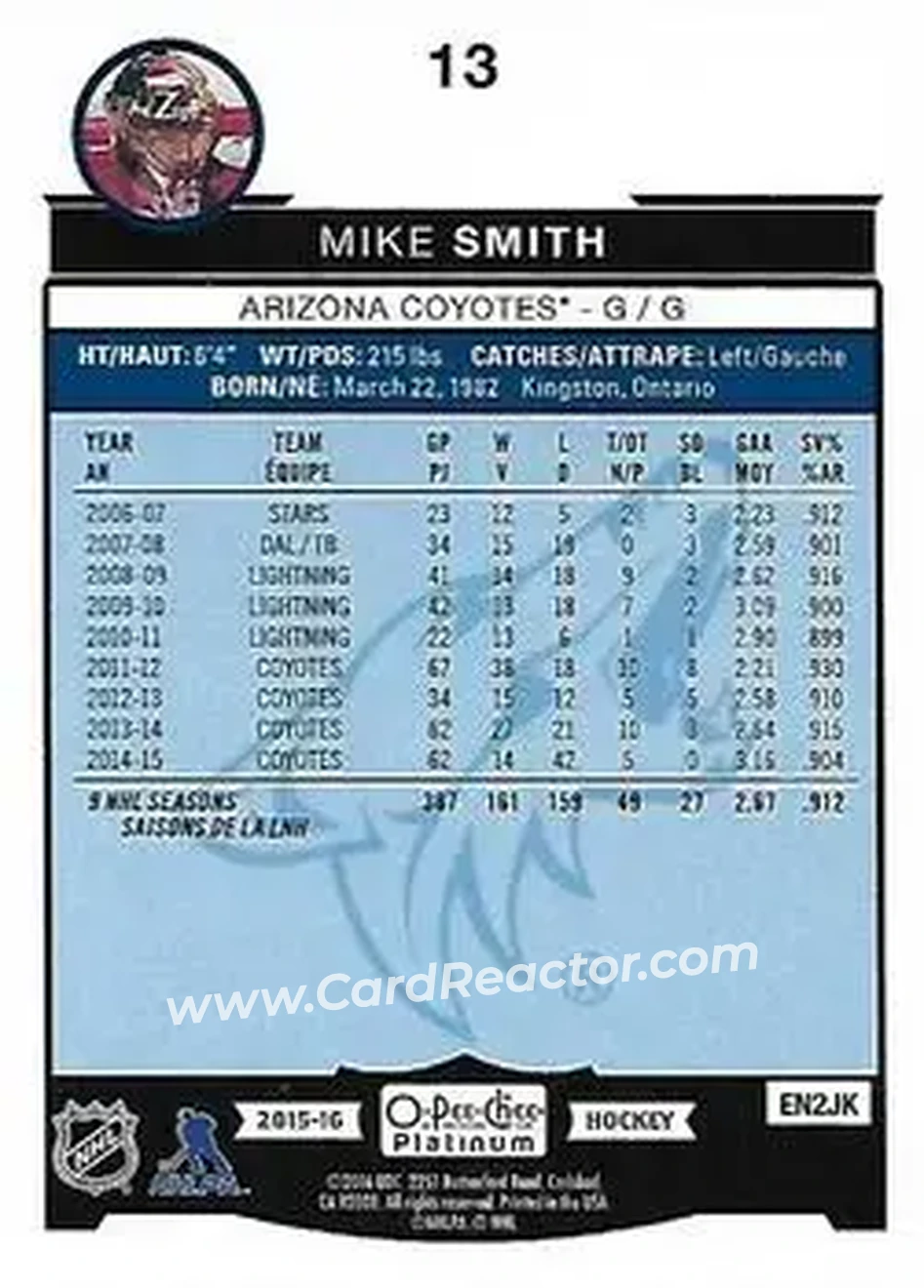 2015-16 O-Pee-Chee Platinum #13 - Mike Smith - Arizona Coyotes - Back