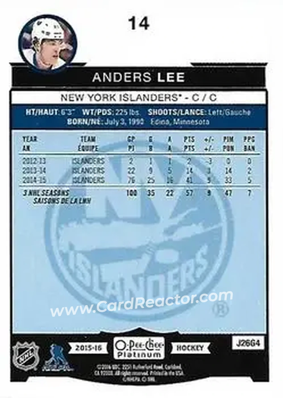 2015-16 O-Pee-Chee Platinum #14 - Anders Lee - New York Islanders - Back