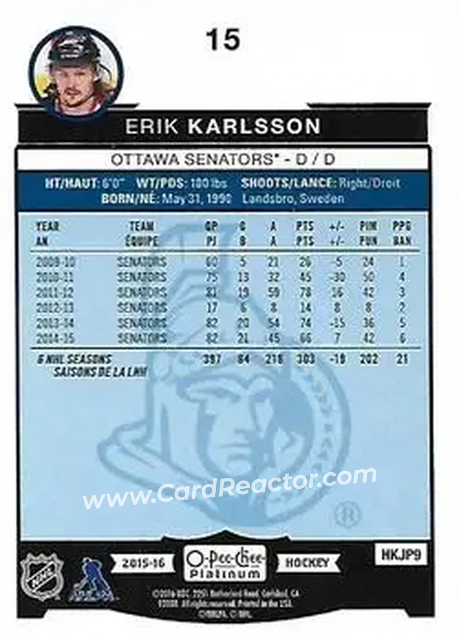 2015-16 O-Pee-Chee Platinum #15 - Erik Karlsson - Ottawa Senators - Back