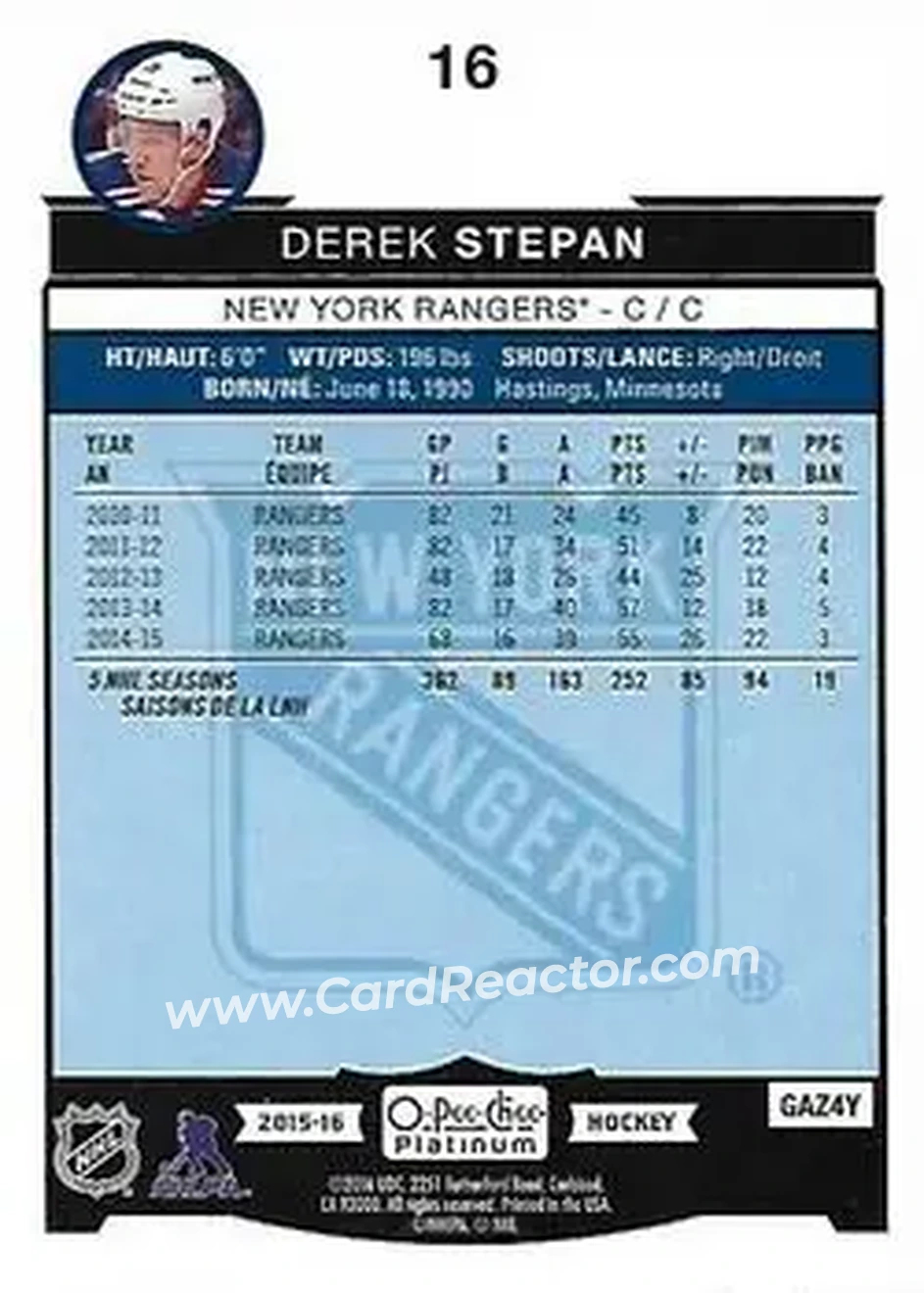 2015-16 O-Pee-Chee Platinum #16 - Derek Stepan - New York Rangers - Back
