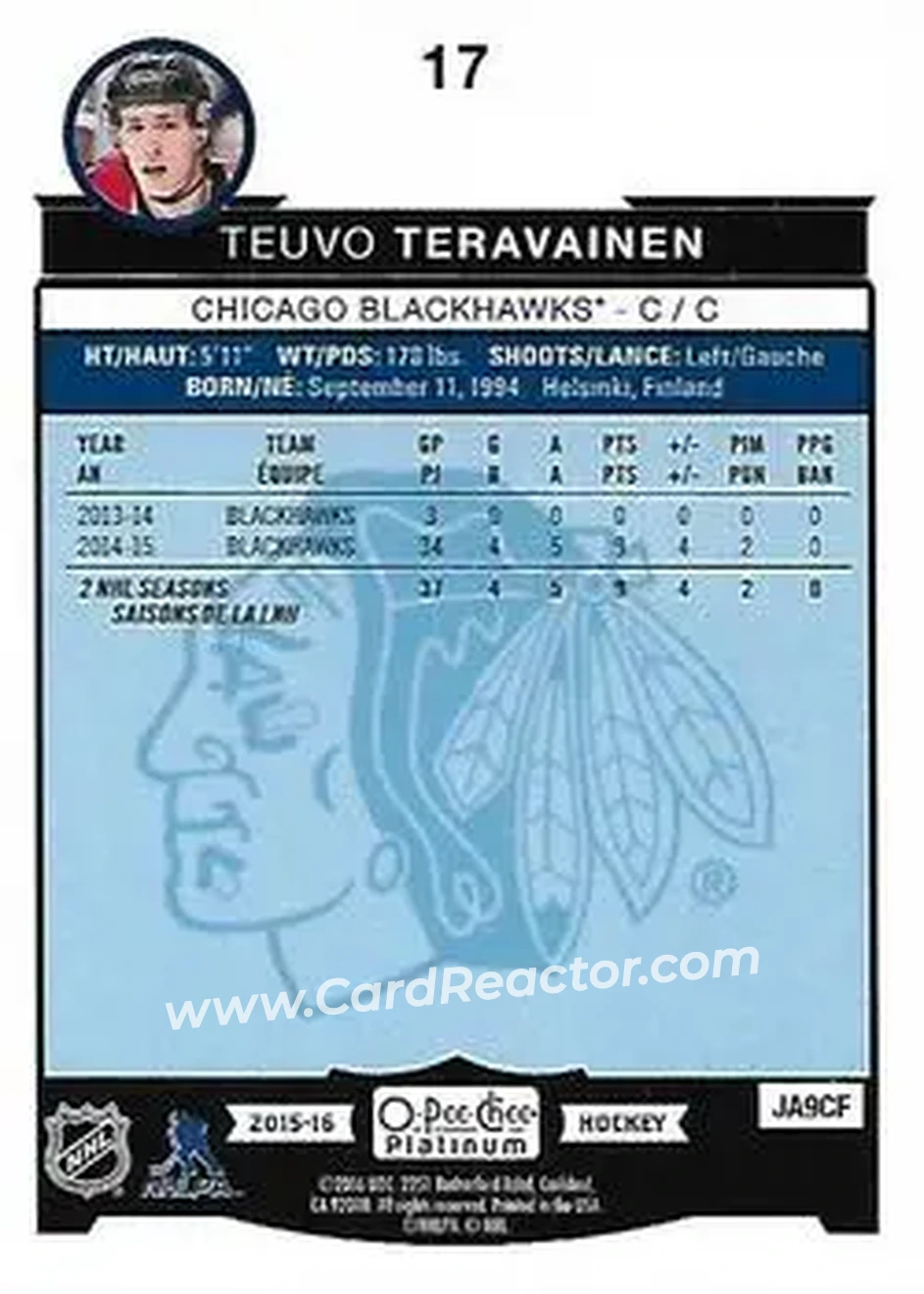 2015-16 O-Pee-Chee Platinum #17 - Teuvo Teravainen - Chicago Blackhawks - Back