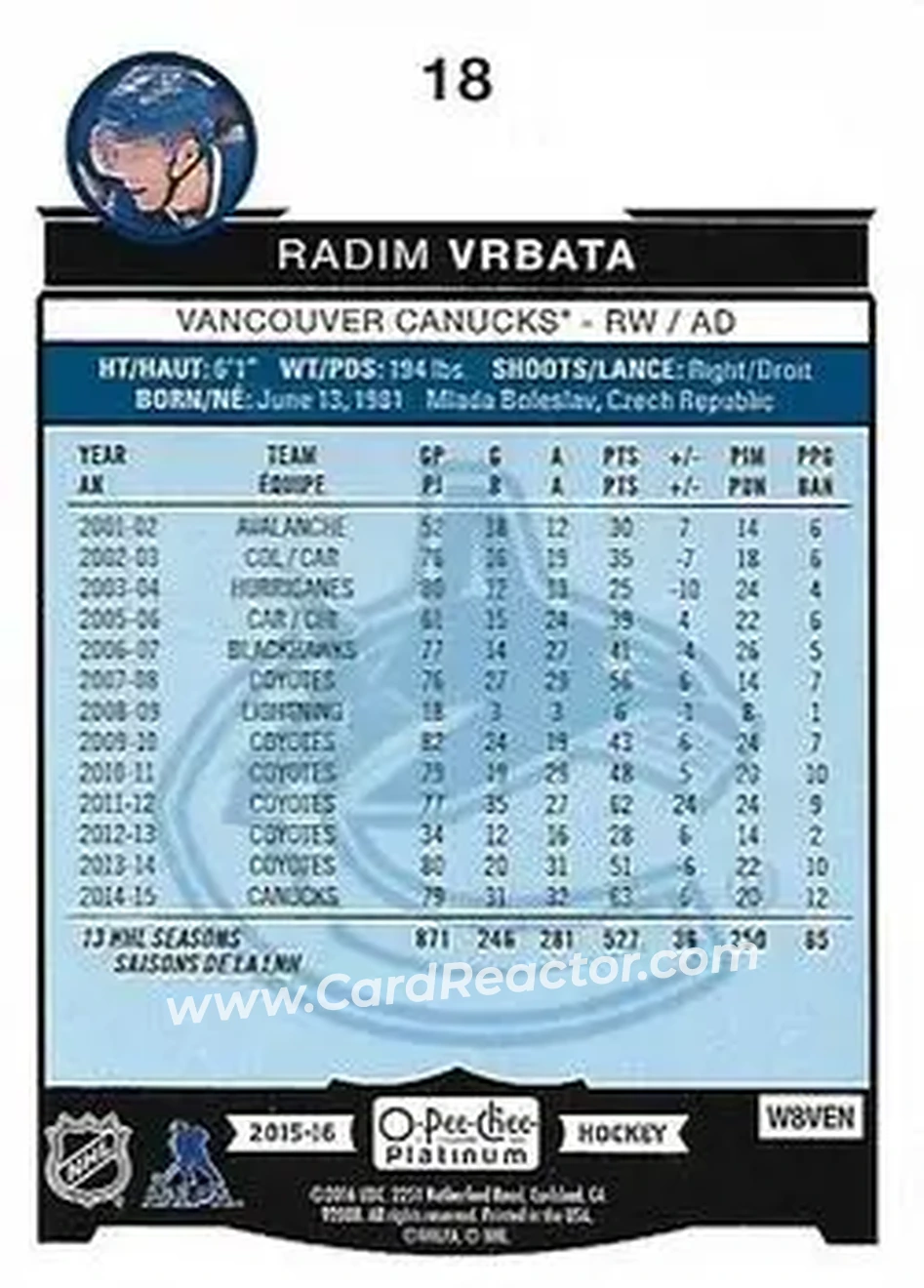 2015-16 O-Pee-Chee Platinum #18 - Radim Vrbata - Vancouver Canucks - Back