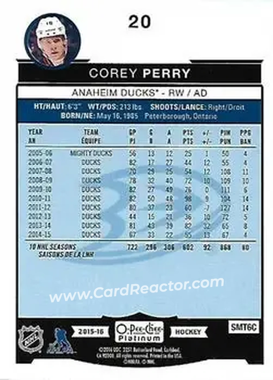 2015-16 O-Pee-Chee Platinum #20 - Corey Perry - Anaheim Ducks - Back