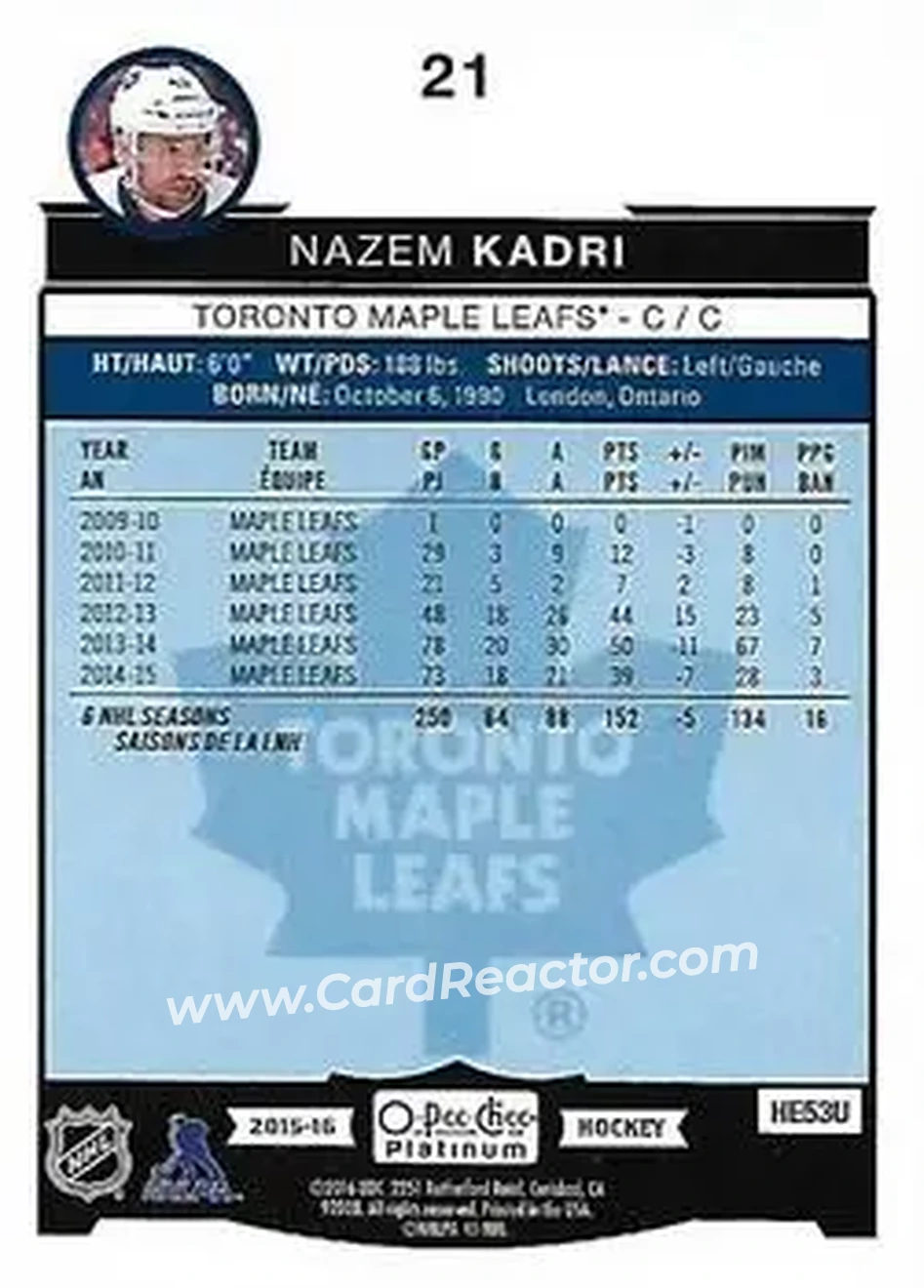 2015-16 O-Pee-Chee Platinum #21 - Nazem Kadri - Toronto Maple Leafs - Back
