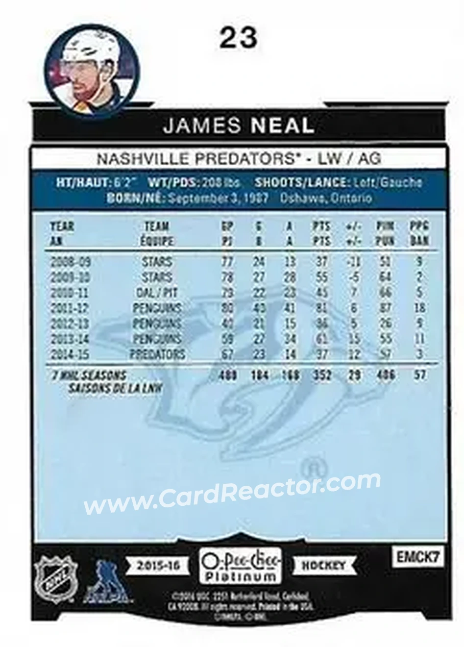 2015-16 O-Pee-Chee Platinum #23 - James Neal - Nashville Predators - Back