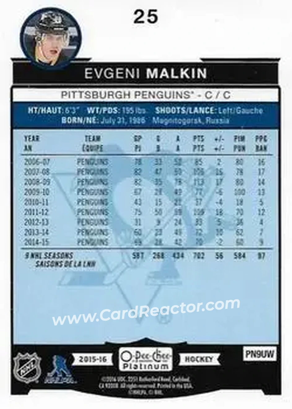 2015-16 O-Pee-Chee Platinum #25 - Evgeni Malkin - Pittsburgh Penguins - Back