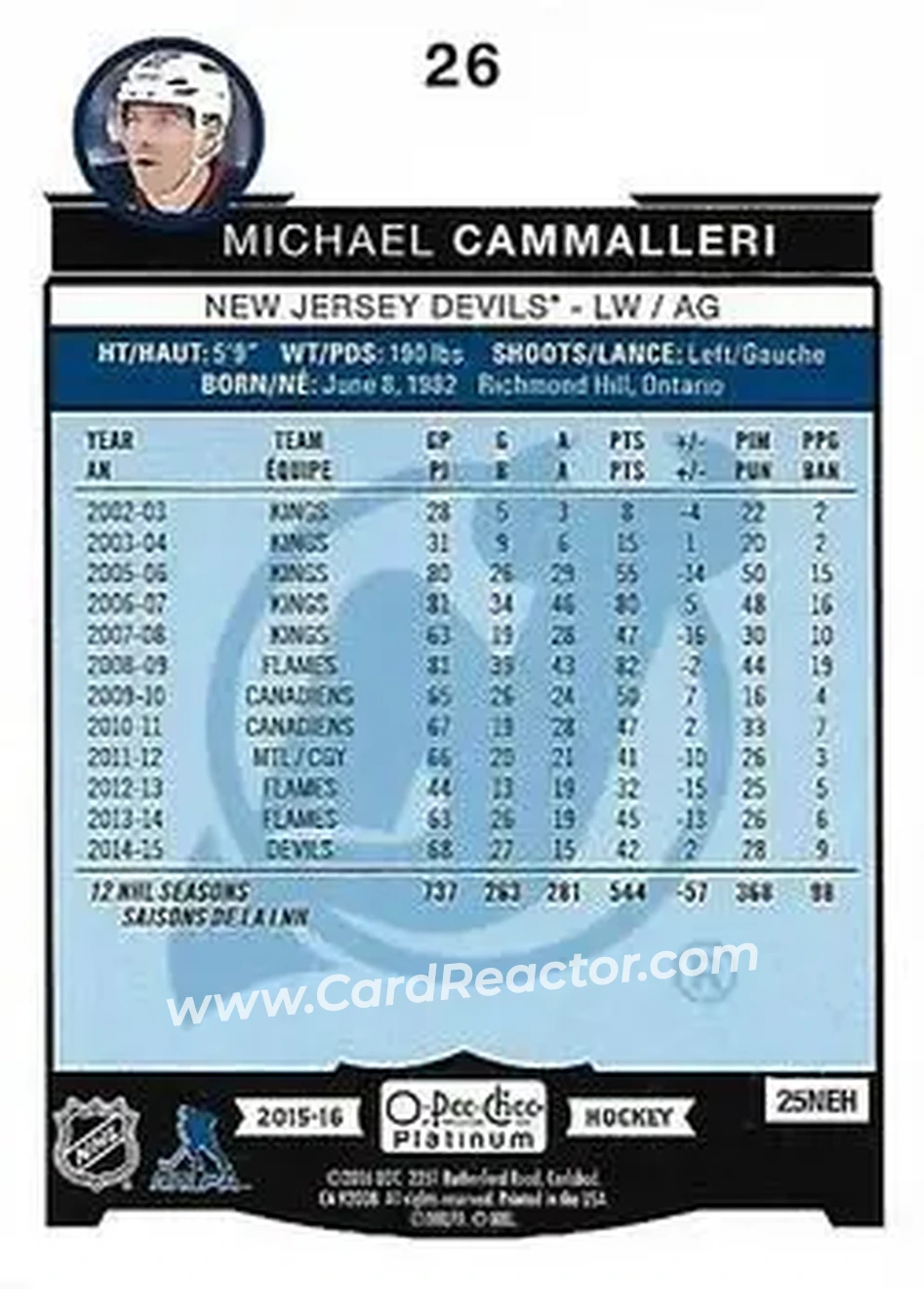 2015-16 O-Pee-Chee Platinum #26 - Michael Cammalleri - New Jersey Devils - Back