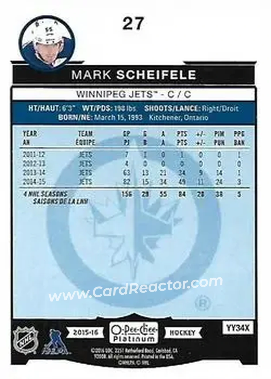 2015-16 O-Pee-Chee Platinum #27 - Mark Scheifele - Winnipeg Jets - Back