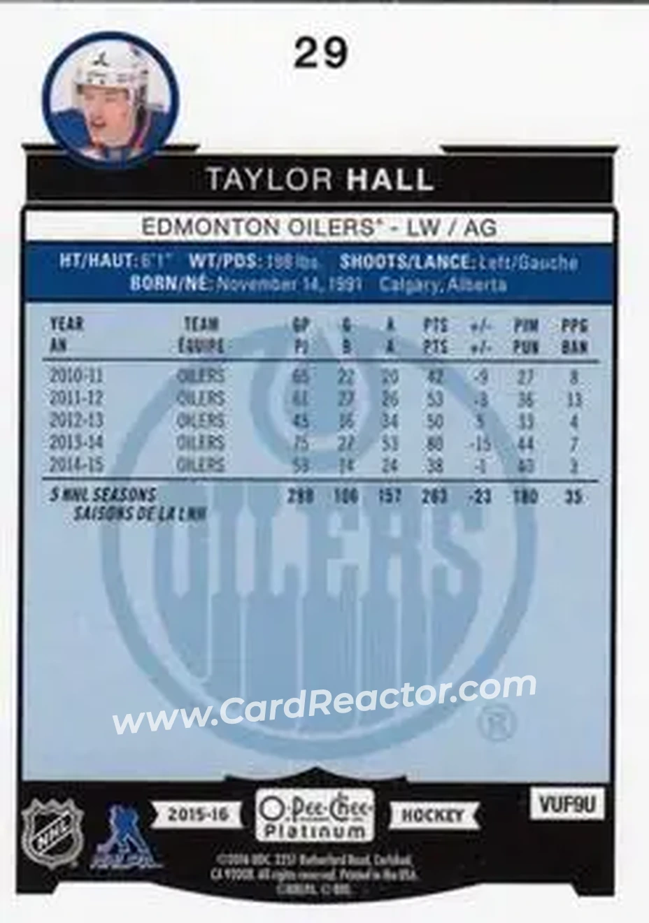 2015-16 O-Pee-Chee Platinum #29 - Taylor Hall - Edmonton Oilers - Back