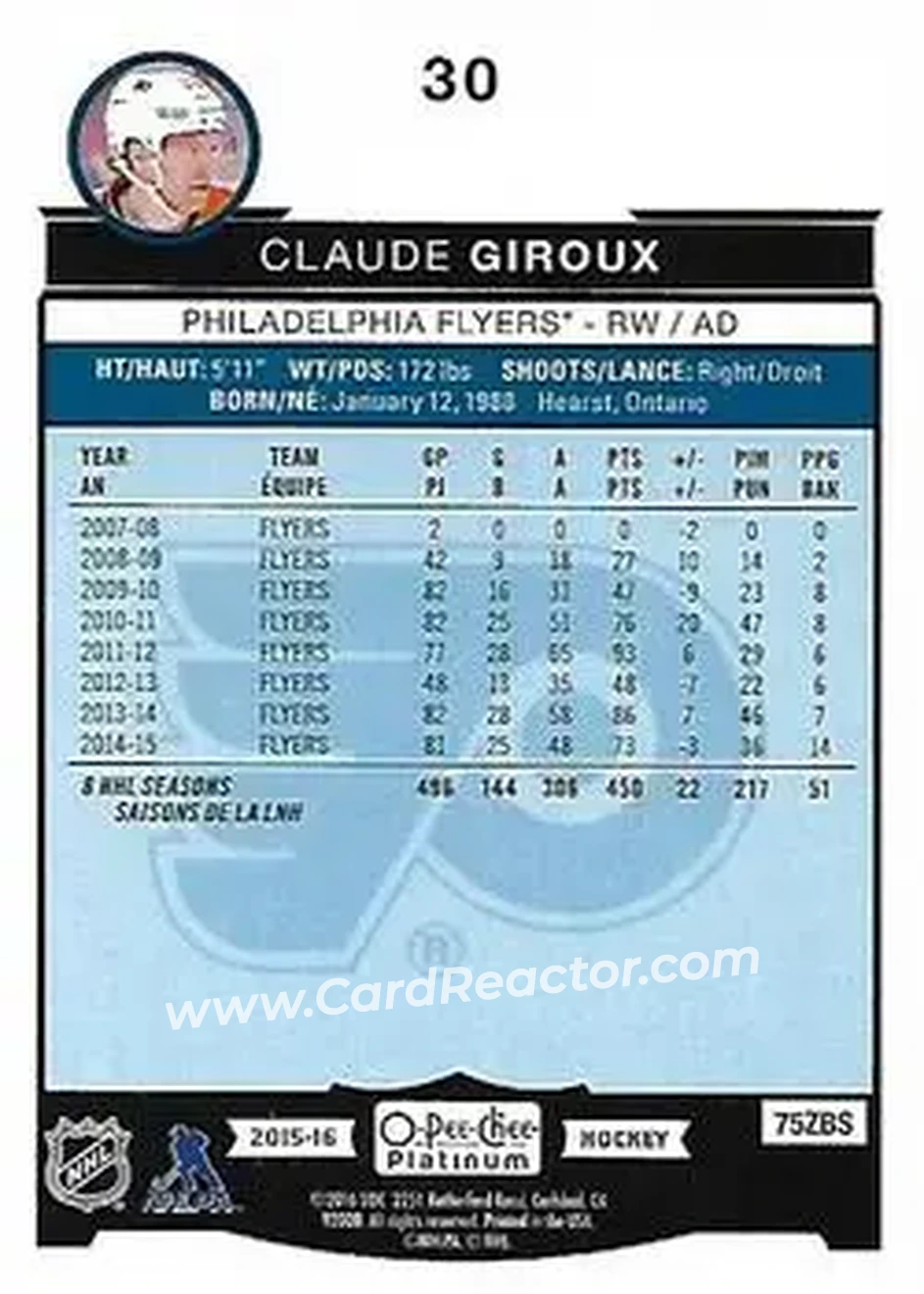 2015-16 O-Pee-Chee Platinum #30 - Claude Giroux - Philadelphia Flyers - Back