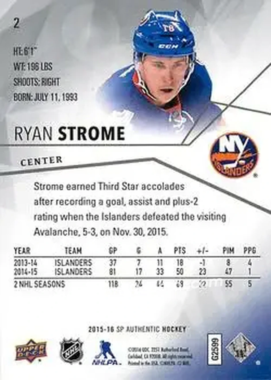 2015-16 SP Authentic #2 - Ryan Strome - New York Islanders - Back