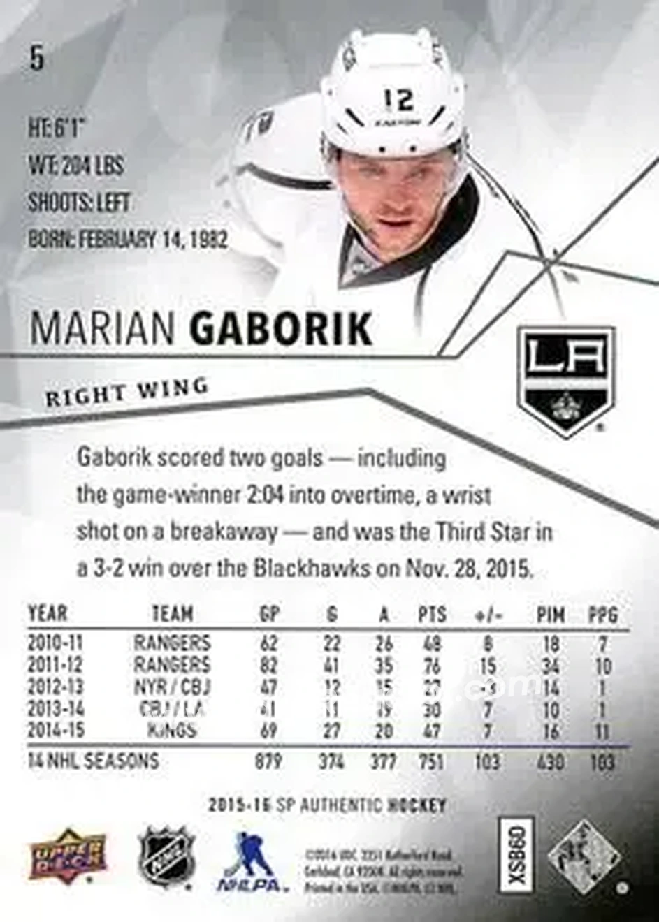 2015-16 SP Authentic #5 - Marian Gaborik - Los Angeles Kings - Back