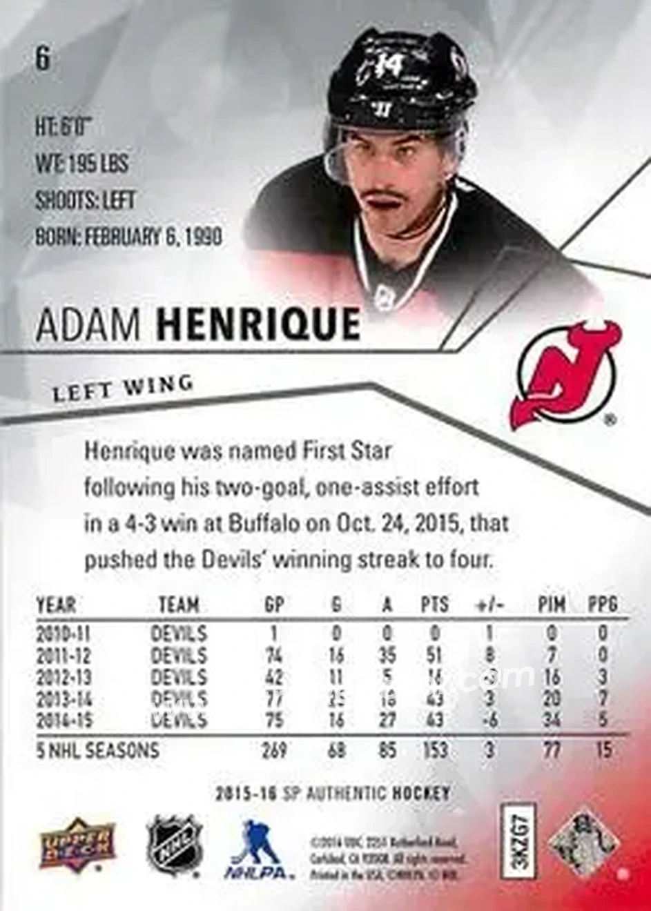 2015-16 SP Authentic #6 - Adam Henrique - New Jersey Devils - Back