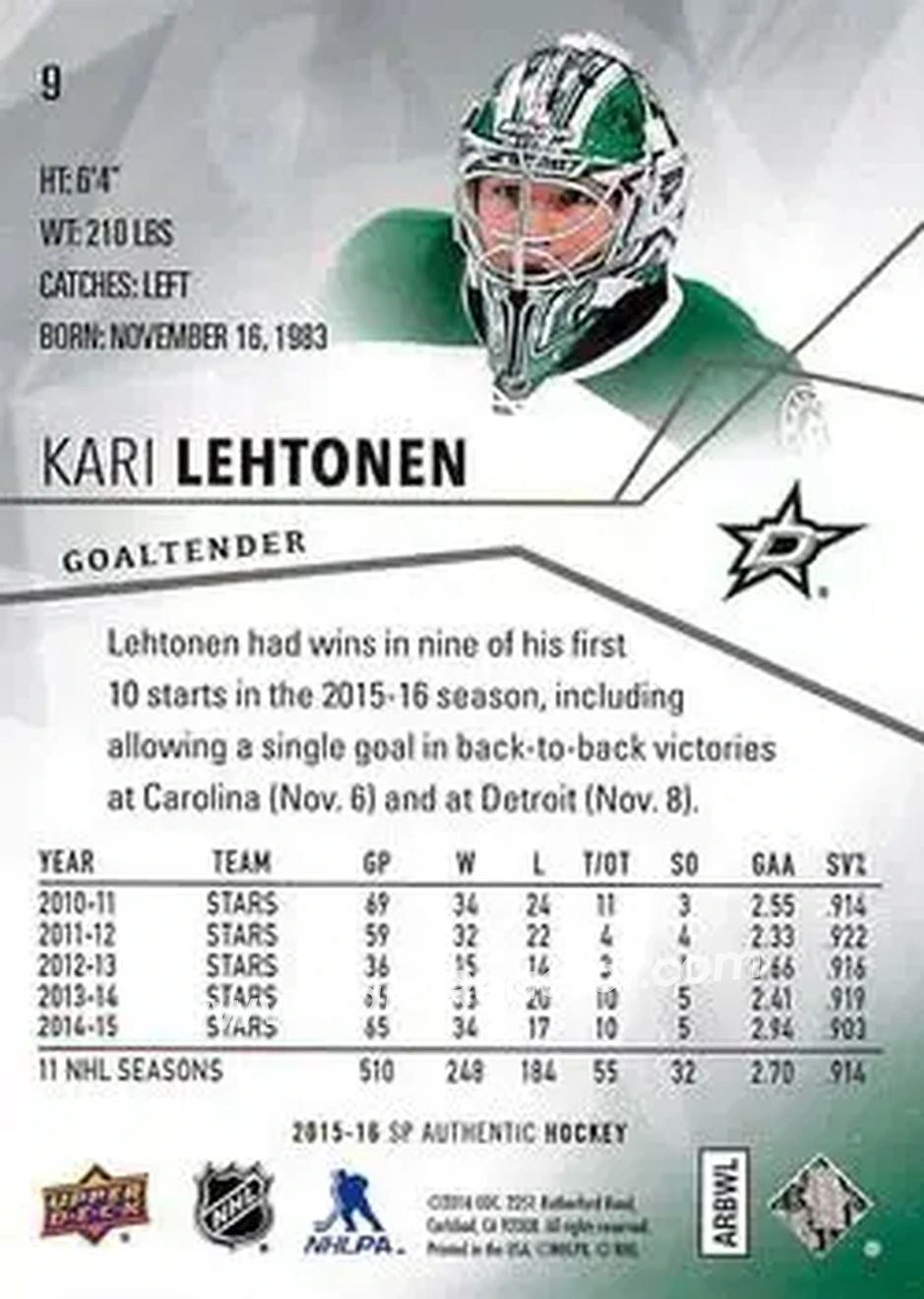 2015-16 SP Authentic #9 - Kari Lehtonen - Dallas Stars - Back