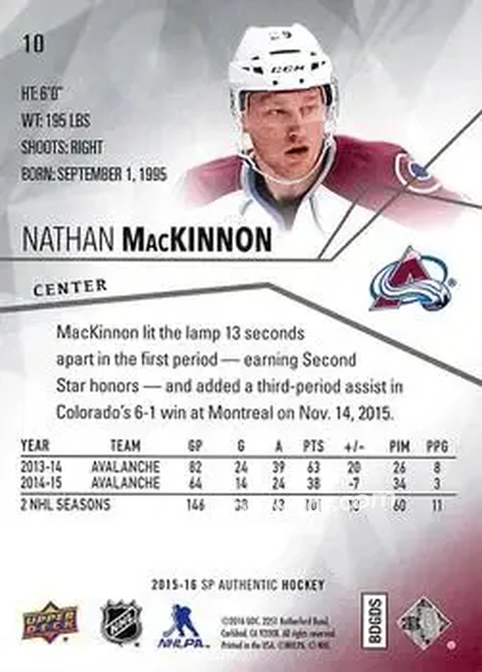 2015-16 SP Authentic #10 - Nathan MacKinnon - Colorado Avalanche - Back 2015-16 SP Authentic #10 - Nathan MacKinnon - Colorado Avalanche - Back