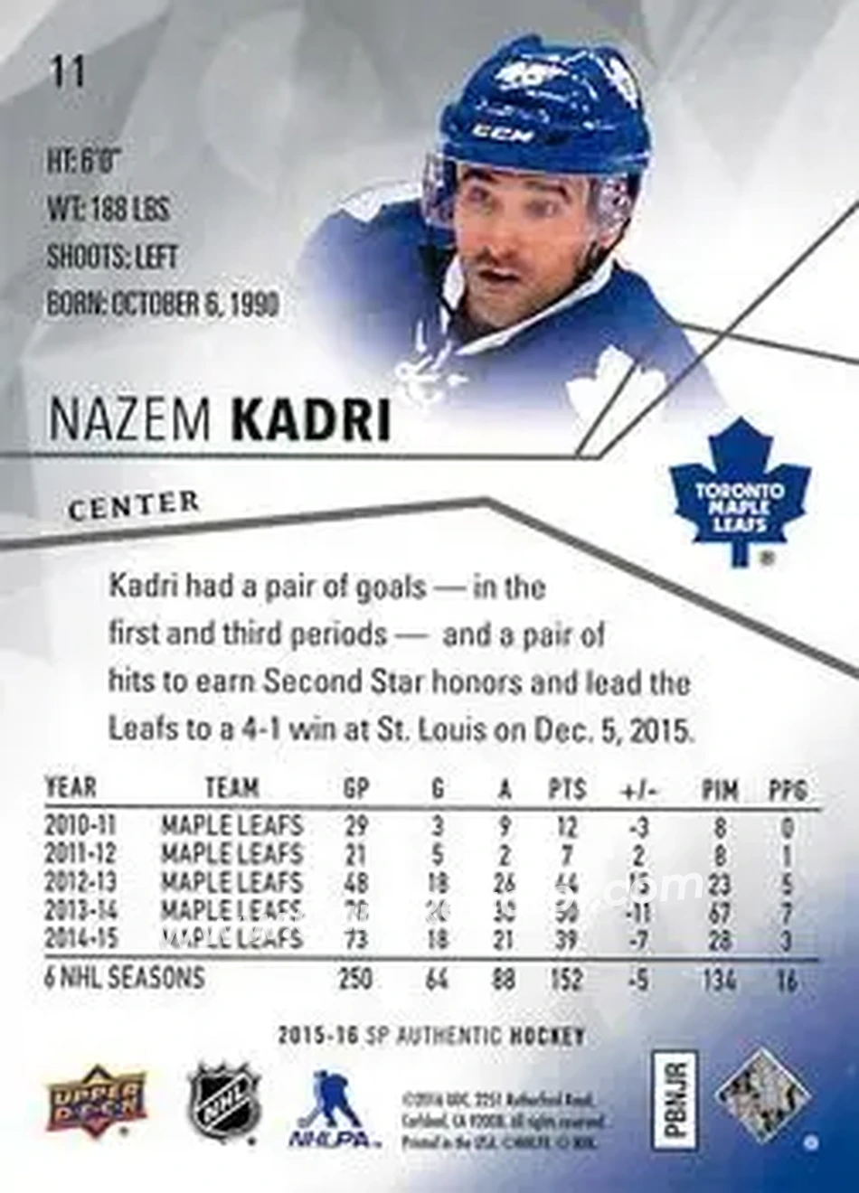 2015-16 SP Authentic #11 - Nazem Kadri - Toronto Maple Leafs - Back