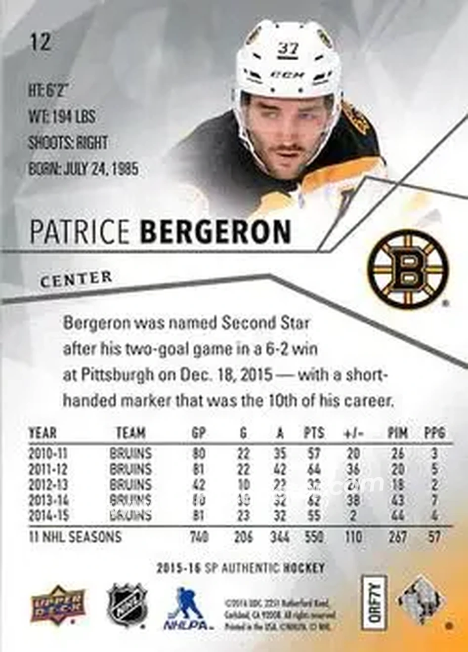 2015-16 SP Authentic #12 - Patrice Bergeron - Boston Bruins - Back