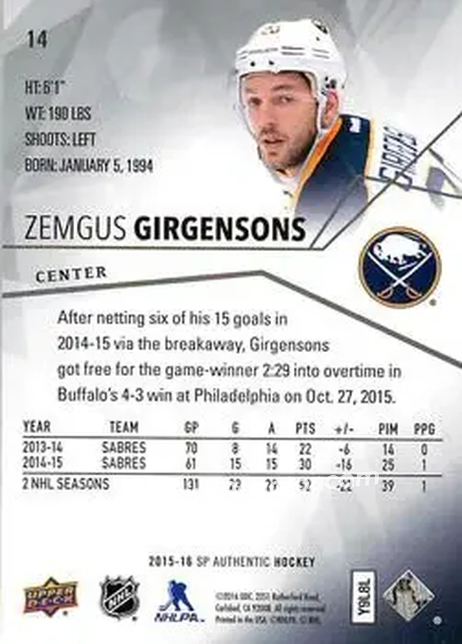2015-16 SP Authentic #14 - Zemgus Girgensons - Buffalo Sabres - Back