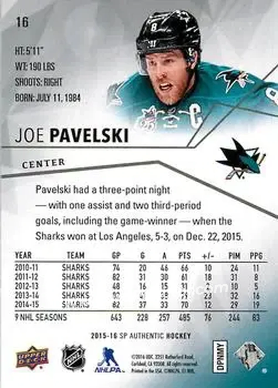 2015-16 SP Authentic #16 - Joe Pavelski - San Jose Sharks - Back