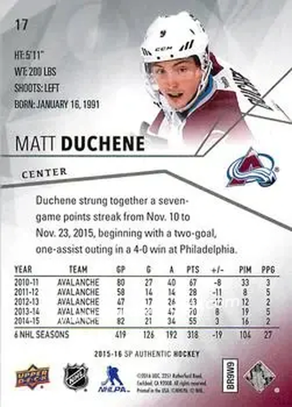 2015-16 SP Authentic #17 - Matt Duchene - Colorado Avalanche - Back