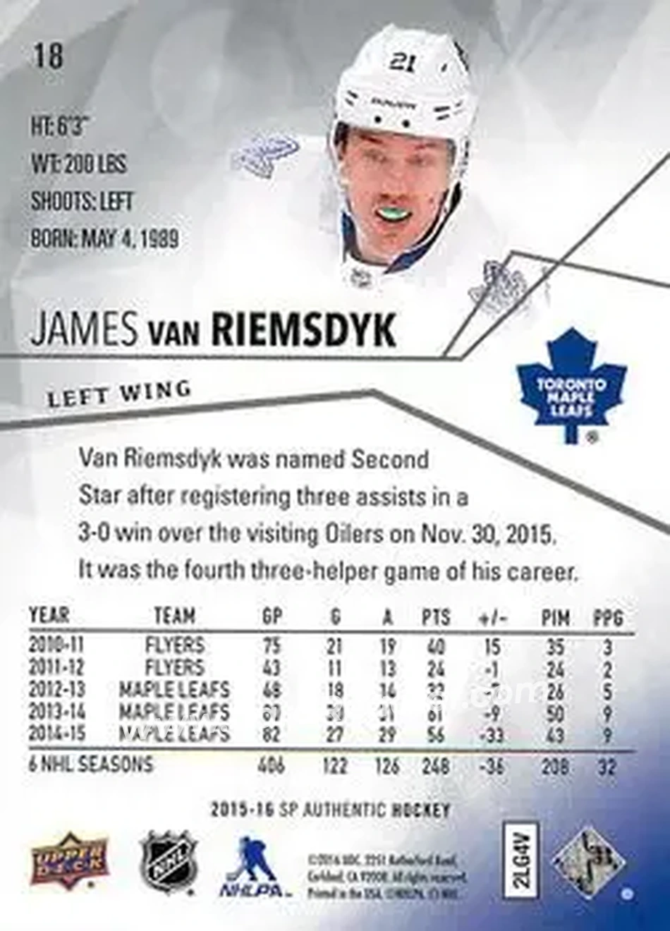 2015-16 SP Authentic #18 - James van Riemsdyk - Toronto Maple Leafs - Back