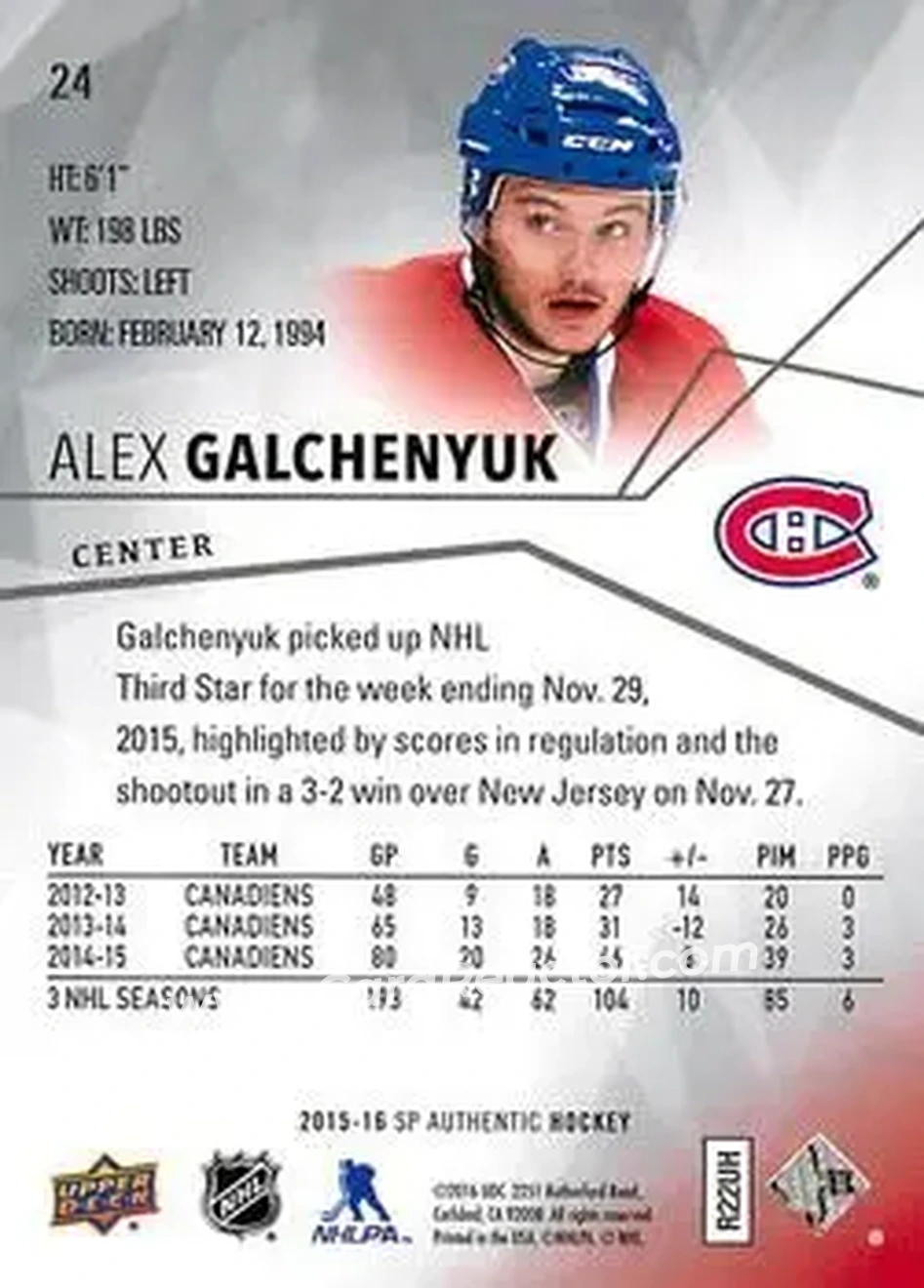 2015-16 SP Authentic #24 - Alex Galchenyuk - Montreal Canadiens - Back
