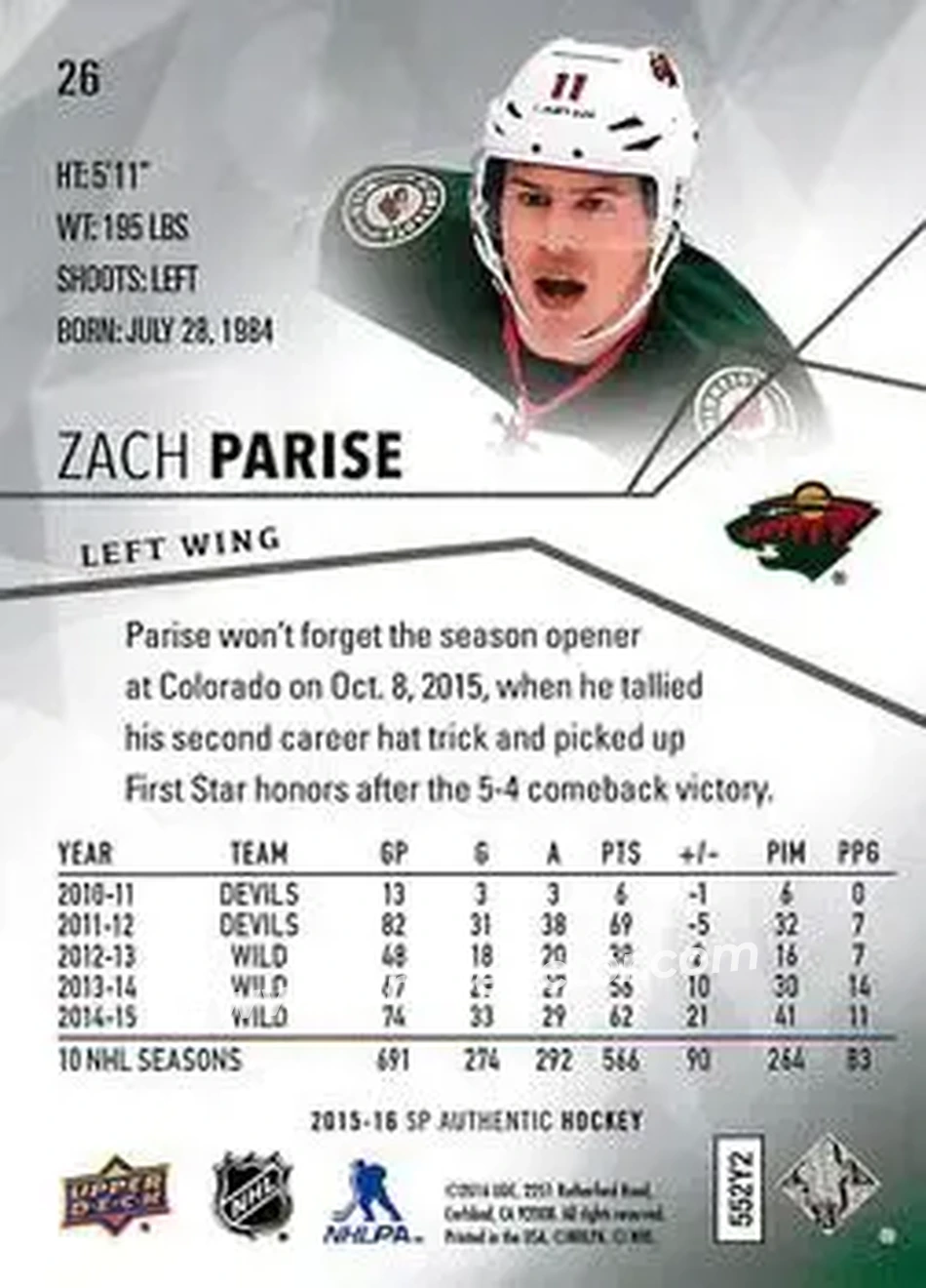 2015-16 SP Authentic #26 - Zach Parise - Minnesota Wild - Back