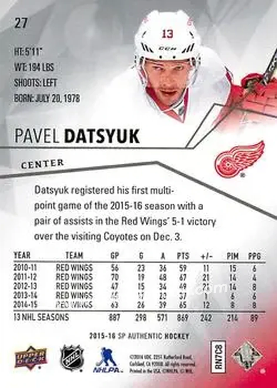 2015-16 SP Authentic #27 - Pavel Datsyuk - Detroit Red Wings - Back