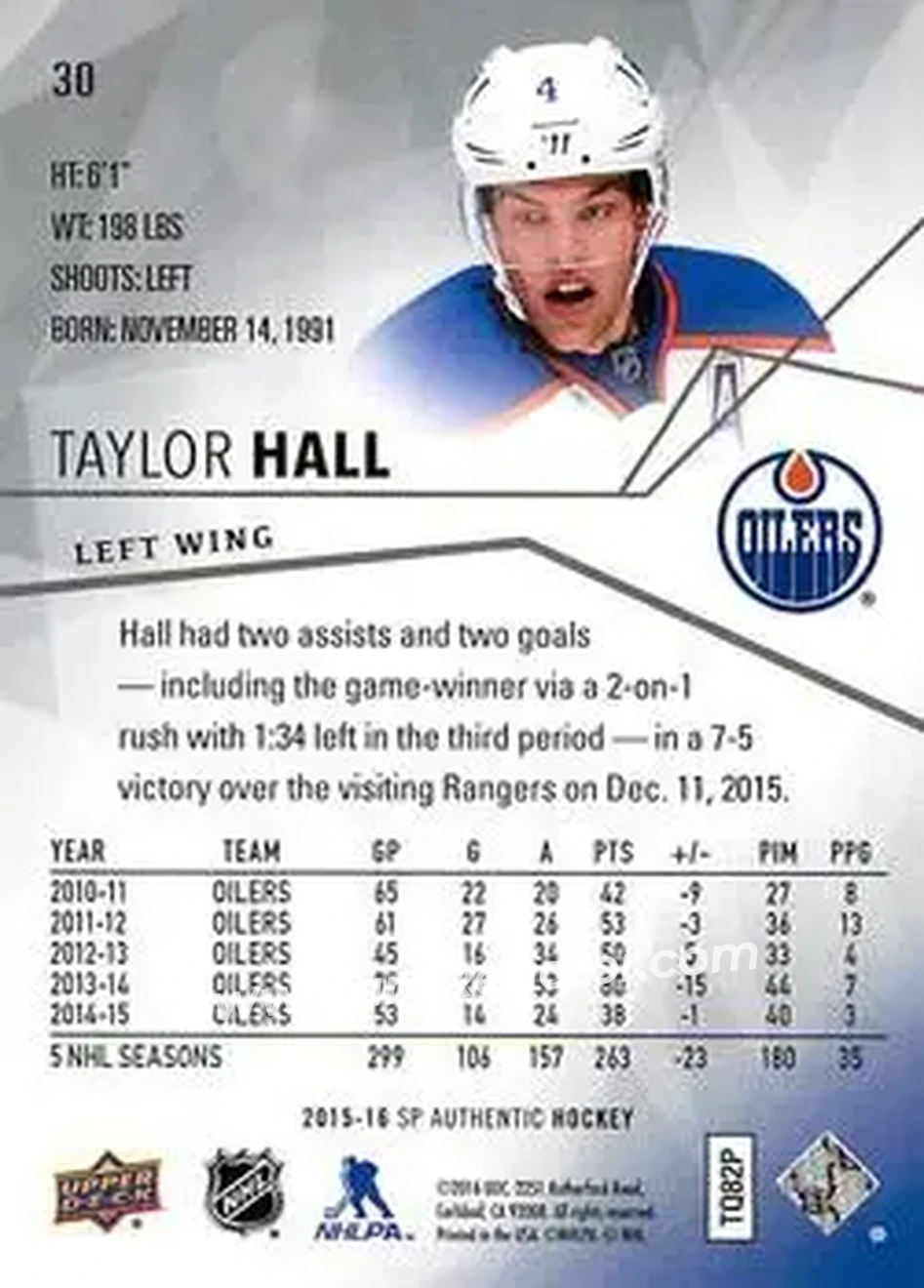 2015-16 SP Authentic #30 - Taylor Hall - Edmonton Oilers - Back 2015-16 SP Authentic #30 - Taylor Hall - Edmonton Oilers - Back