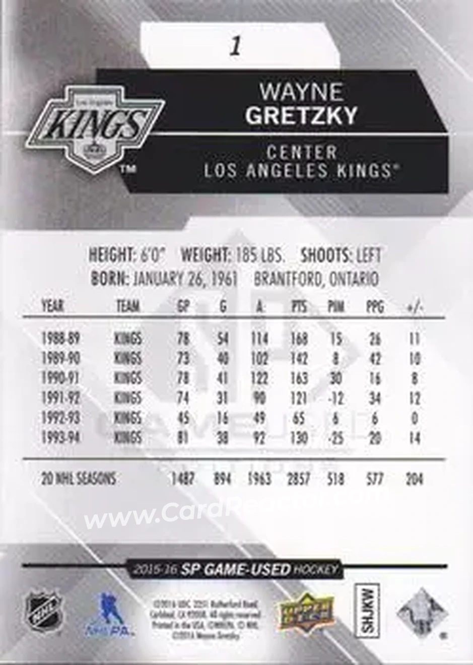 2015-16 SP Game Used #1 - Wayne Gretzky - Los Angeles Kings - Back 2015-16 SP Game Used #1 - Wayne Gretzky - Los Angeles Kings - Back