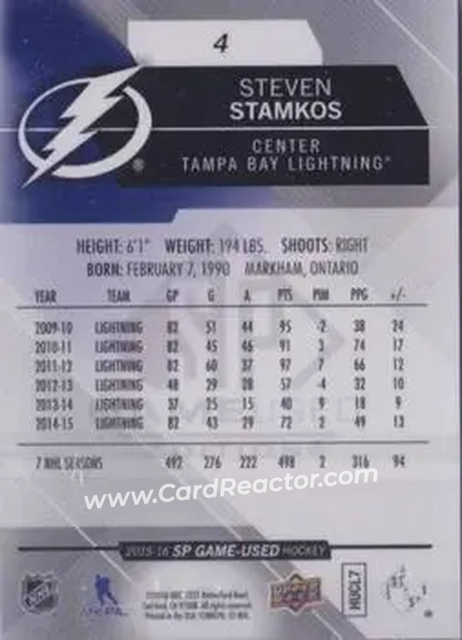 2015-16 SP Game Used #4 - Steven Stamkos - Tampa Bay Lightning - Back