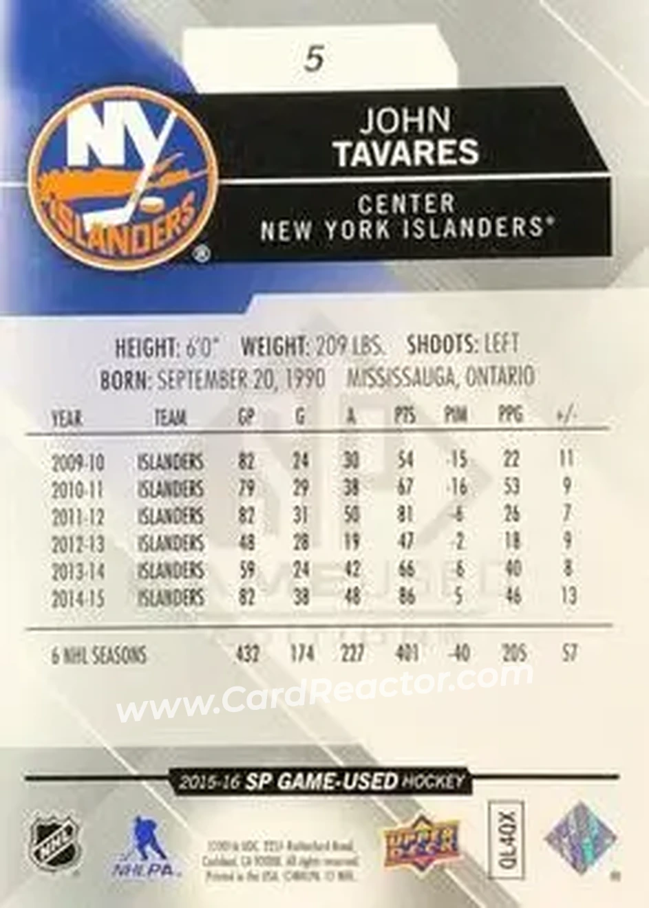 2015-16 SP Game Used #5 - John Tavares - New York Islanders - Back