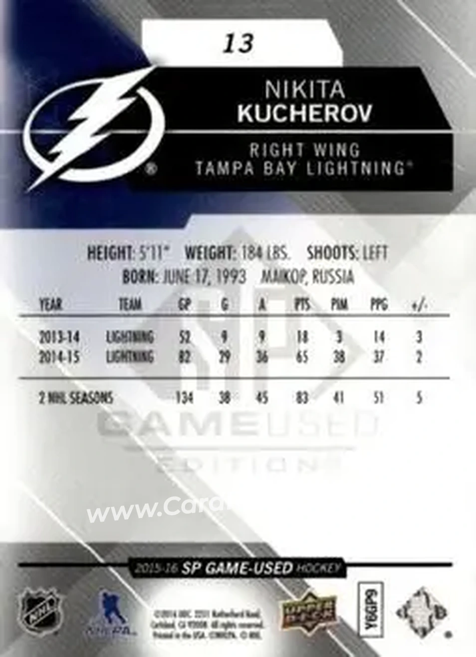2015-16 SP Game Used #13 - Nikita Kucherov - Tampa Bay Lightning - Back