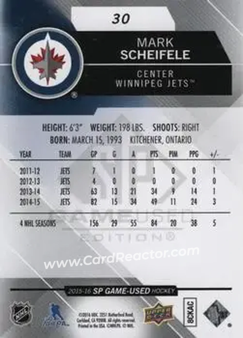 2015-16 SP Game Used #30 - Mark Scheifele - Winnipeg Jets - Back