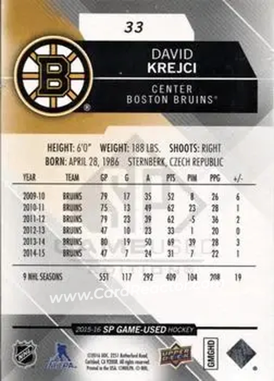 2015-16 SP Game Used #33 - David Krejci - Boston Bruins - Back
