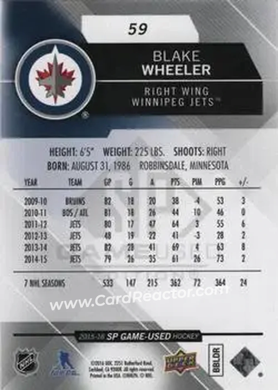 2015-16 SP Game Used #59 - Blake Wheeler - Winnipeg Jets - Back