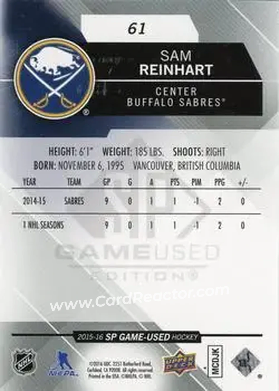 2015-16 SP Game Used #61 - Sam Reinhart - Buffalo Sabres - Back