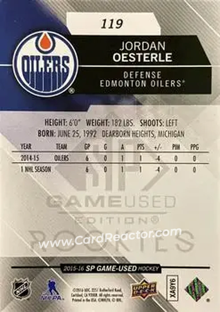 2015-16 SP Game Used #119 - Jordan Oesterle - Edmonton Oilers - Back