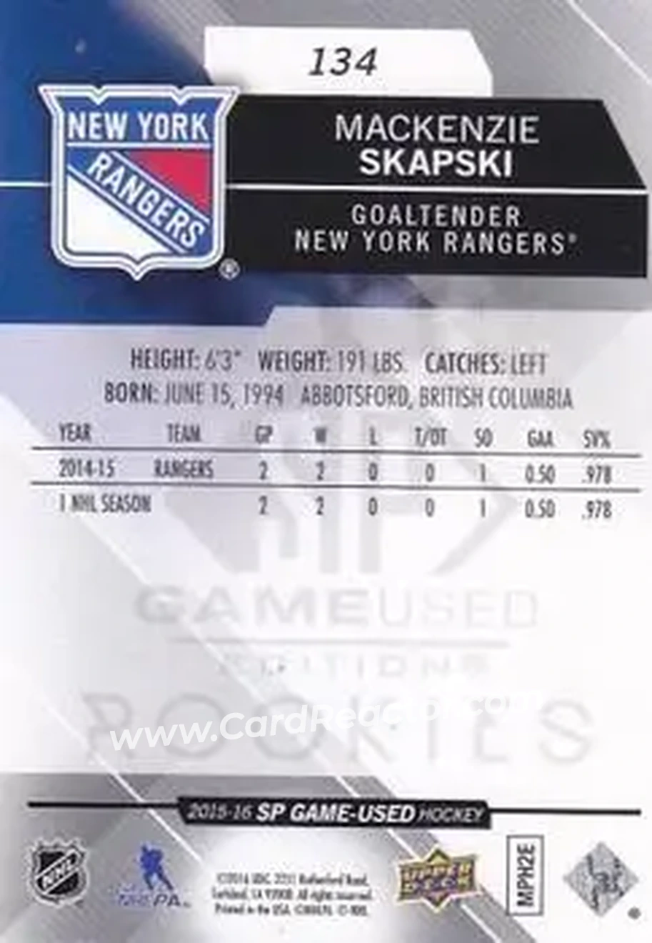 2015-16 SP Game Used #134 - Mackenzie Skapski - New York Rangers - Back