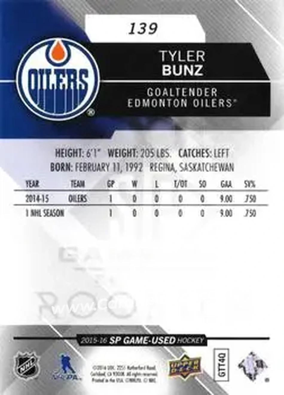 2015-16 SP Game Used #139 - Tyler Bunz - Edmonton Oilers - Back